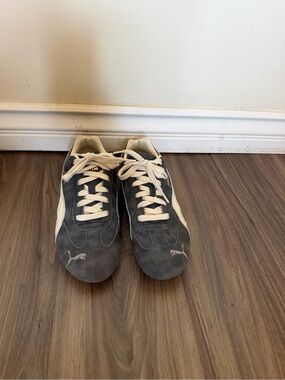 Puma Women’s Gray Suede Sneakers with Cream Accents
